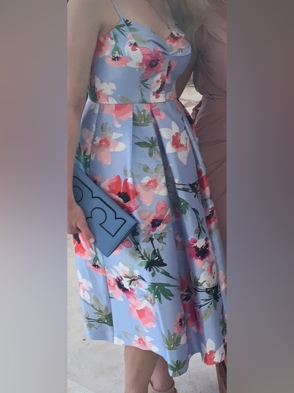 Eliza J Light Blue Floral Sundress with Pink & Coral Blooms